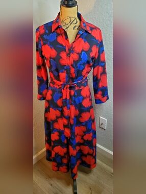 Banana Republic Red & Blue Floral Tie-Waist Midi Shirt Dress